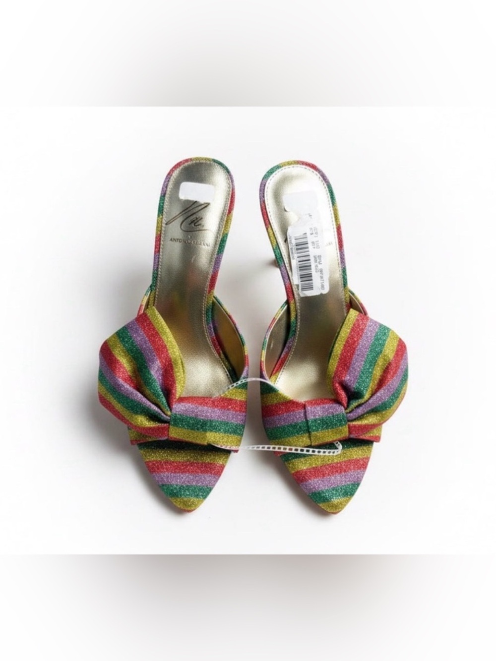 ANTONIO MELANI Rainbow Striped Bow Pointed Mules - Multicolor Glitter